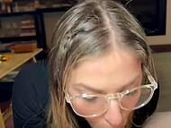 Cute blonde with glasses pleases a guy with unexpected BJ before the party 7