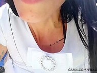 Slutty wench spotted when exposing herself and squirting with pee in the public parking lot 9