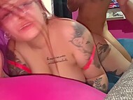 Inked redhead with big tits gets down to blowing a thick penis before sex in doggy style 10