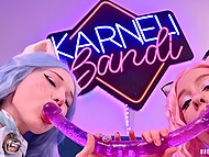 Sexy kittens, Alice Bong and her lesbian lover, indulge each other with a double dildo 4