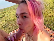 Pink-haired doll Lil Karina sucks like a pro and polishes the dick with her vagina on a picnic 5