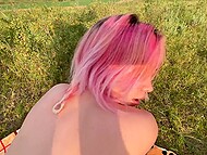 Pink-haired doll Lil Karina sucks like a pro and polishes the dick with her vagina on a picnic 8
