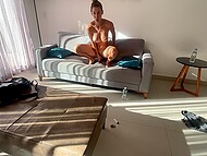 Winsome tanned blonde with perky tits wraps her soft lips around the shaft in POV  7