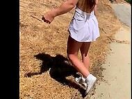 Crimson-haired harlot, Abbie Maley, defiles tennis court with fucking a guy right there 6