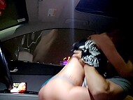 Joey Lee, soaked in downpour, moaned as favorite toy and a cock were fucking her slit in the car 11