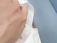 Asian lady pulls a mask up to blow a stranger and ride his boner on the train 4