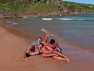 Lewd brunette takes pricks into her every hole on sea shore 5