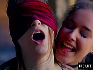Lesbian leads a straight blindfolded girl to blissful orgasm 8