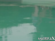 Gorgeous brunette cougar with remarkable boobs gets her anus plowed by the pool 8