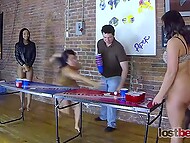 Four gorgeous women engage in a round of naked ping pong and group sex 4