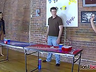 Four gorgeous women engage in a round of naked ping pong and group sex 5