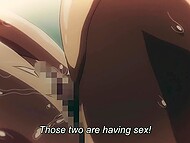 Japanese schoolgirls with wet pussies wait for their turn to suck and fuck a guy's cock 9