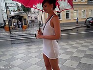 Amateur flasher Jeny Smith gets wet and even strips naked in the rain on the street 4