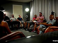 Ebony wench Lala Ivey chews cum after copulating with five men at the same time 7