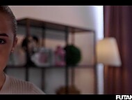 Serina Gomez and blonde futa Rika Fane engage in a raunchy encounter, resulting in an oozing creampie 4