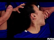 Jennifer Mendez, Jia Lissa, Rae and Lil Black involved in oral threeway in Futanari style 8