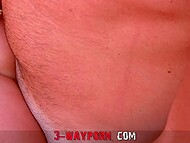 Two excited MILFs get fucked in a three-way session outside 8