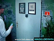 A woman relishes in the intimacy of a gloryhole, delighting in extra-large dildo's relentless penetration 4