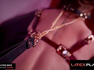 Gagged and strapped hottie Scarlet Chase deepthroats a guy before taking his dick into the ass 9