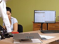 Perverted bank executive thrusts cock into twat off the needing funds chick in the office 5