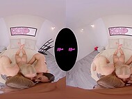 Teen chicks take turns riding dick of the lustful male in VR POV group sex 4