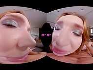 Teen chicks take turns riding dick of the lustful male in VR POV group sex 6