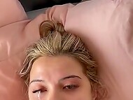 Big-tittied blonde lady Madiiitay enjoys taste of jizz on her tongue in compilation 11