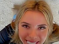 Big-tittied blonde lady Madiiitay enjoys taste of jizz on her tongue in compilation 6