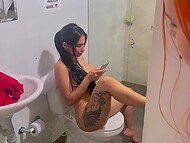 Red-haired fatty spies on her stepsister masturbating in the bathroom and pleases herself 5