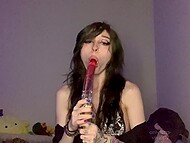 Hot Emo slut Via Inka delves her new gummy worm double dildo into her vagina 11