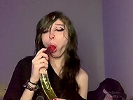Hot Emo slut Via Inka delves her new gummy worm double dildo into her vagina 5