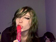 Hot Emo slut Via Inka delves her new gummy worm double dildo into her vagina 9