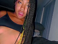 Black babe caches her man jerking off to her videos and pleases him with her real mouth and pussy 11