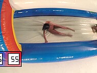 Three lustful lezzies have a good time with a long double dildo in the dry pool 6