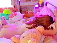 Solo doll Lana Bee trembles in extreme bondage orgasm torture on her pink bed 8
