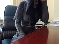 Sex-addicted Czech wench in heels hikes up her dress to rub pussy in the office 11