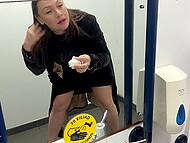 Filthy lady boss receives a sudden facial after sucking a cock in beer house lavatory 11