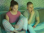 Slutty teen gal lets her bestie's BF play with her pussy during the movie night 5