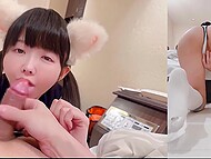 BabyYurin's tongue licks the guy's cock while he drills her cunt with a dildo 6