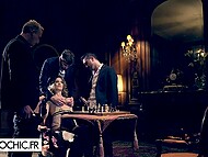 Adorable blonde Claire Castel in sexy lingerie tended to and banged by three men 4