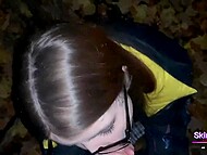 Shameless babe with glasses gets fucked in the woods after blowing a massive pecker 11