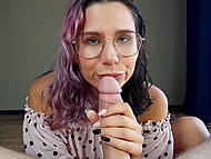 Cute girlfriend with a pierced nose strokes and blows a big shaft before it sprays her face with cum 10