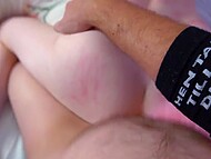 Lana Bee receives a pink bondage costume and a wet coating of cum after good fucking 5