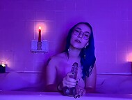 Amateur solo chick BigTittyGothEgg drills her slit with a rubber cock in the candle light 4
