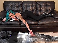 Melody Cheeks strokes dick dick and milks her mummified puppy in a mistressly femdom hitachi tease 11