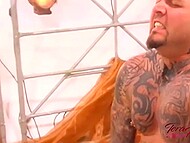 Tera Patrick, curvy Asian porn star, is fucked hard by a muscled inked male in various styles 11