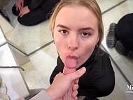 Mira David discreetly succumbs to blowjob in the public fitting room, almost caught 11