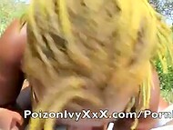 Black lovers, PoizonIvy and DonWhoe, are busy having oral sex in the woods 5