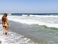 Laura Quest gets down and dirty with a guy, and swallows his cum in the car during her beach trip 11