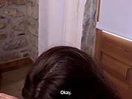 The man gets unexpected delight when seductive brunette KLX gets down to gagging on his cock in the hotel room 5